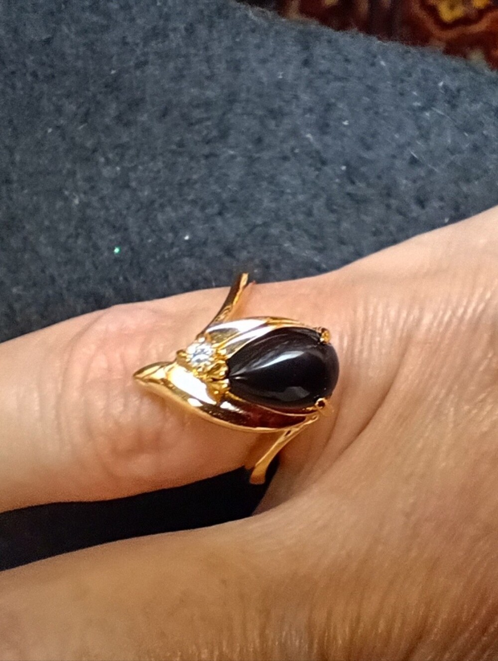 Gold Finish Black Stone Teardrop Ring with Clear Cubic Zirconia Stone Women